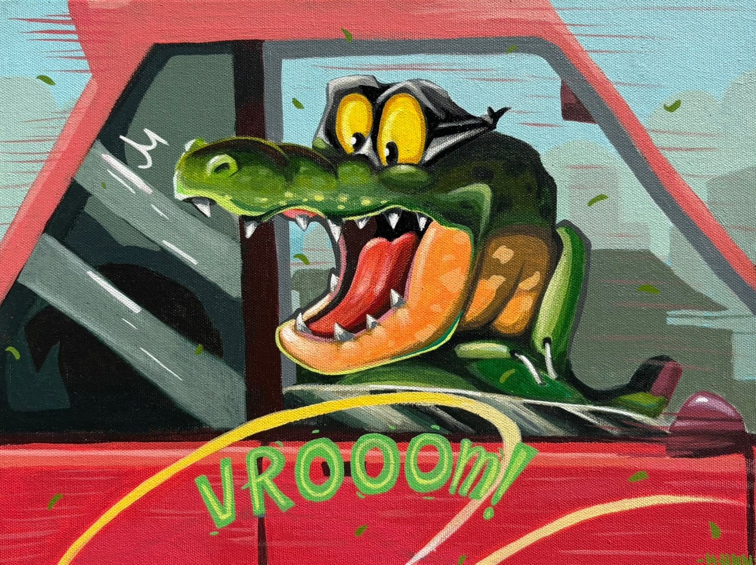 "Vroom" ผลงานสีอะคริลิกบนผ้าใบขนาด 30 × 40 ซม. ปี 2026 โดย Khun (จักรพันธ์ ดีงาม) ศิลปินสตรีทอาร์ตจากกรุงเทพฯ ที่สร้างผลงานบนพื้นที่สาธารณะมาตั้งแต่ปี 2565 เป็นภาพจระเข้การ์ตูนตาโตที่อ้าปากยิ้มกว้างโผล่ออกมาจากหน้าต่างรถสีแดงซึ่งกำลังพุ่งไปข้างหน้าท่ามกลางลมแรงและใบไม้ที่ปลิวว่อน โดยใช้ลายเส้นแบบการ์ตูน สีสันสดจัด และตัวอักษร "VROOOM!" สไตล์กราฟฟิตี้ถ่ายทอดความเร็ว อารมณ์ขัน และพลังของชีวิตในเมือง ทำให้พลังของงานบนกำแพงถูกนำมาอยู่บนผ้าใบที่เหมาะกับการสะสมและตกแต่งบ้าน
